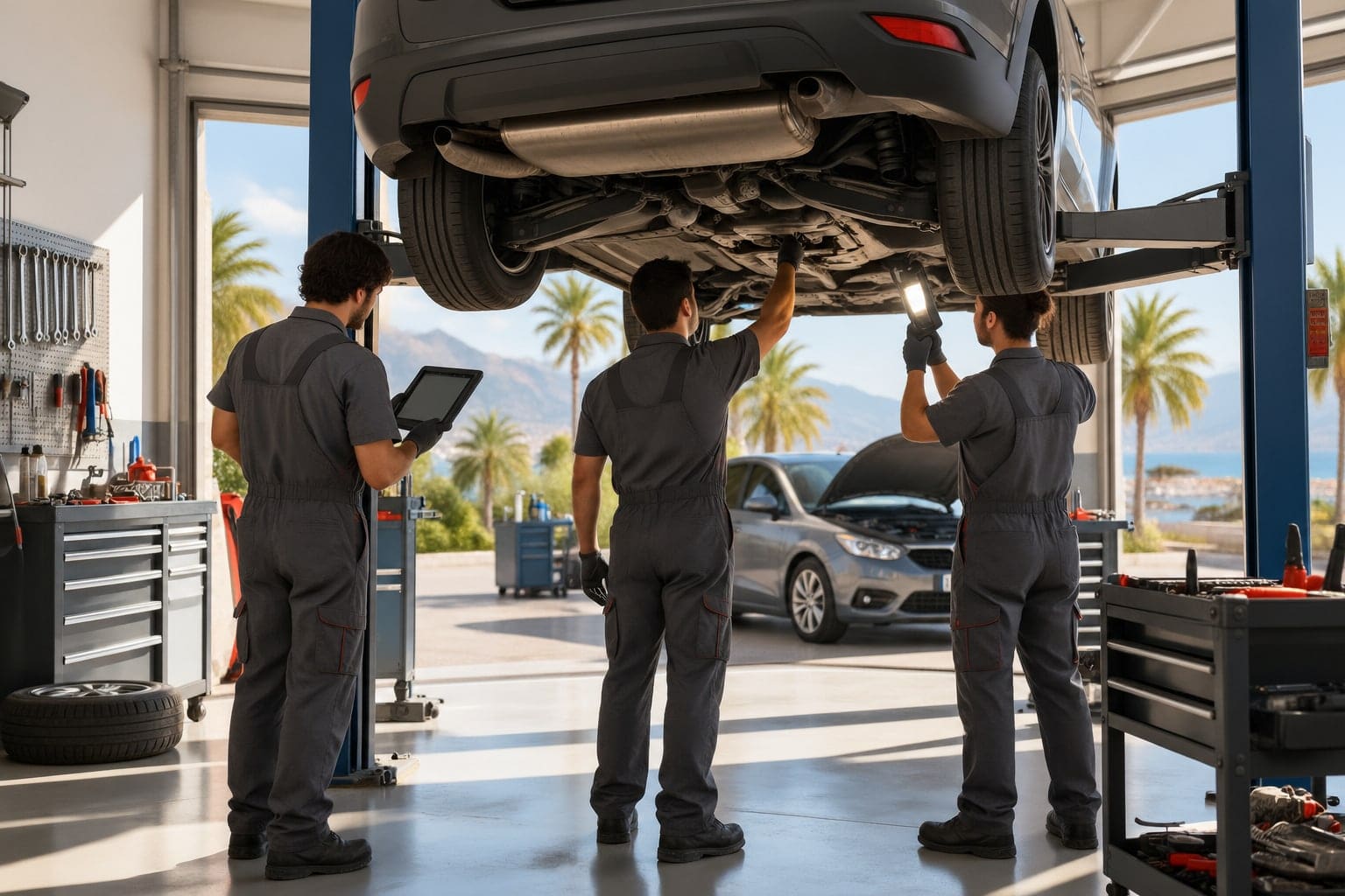 Atölyede bir aracın başında birlikte çalışan servis ekibi